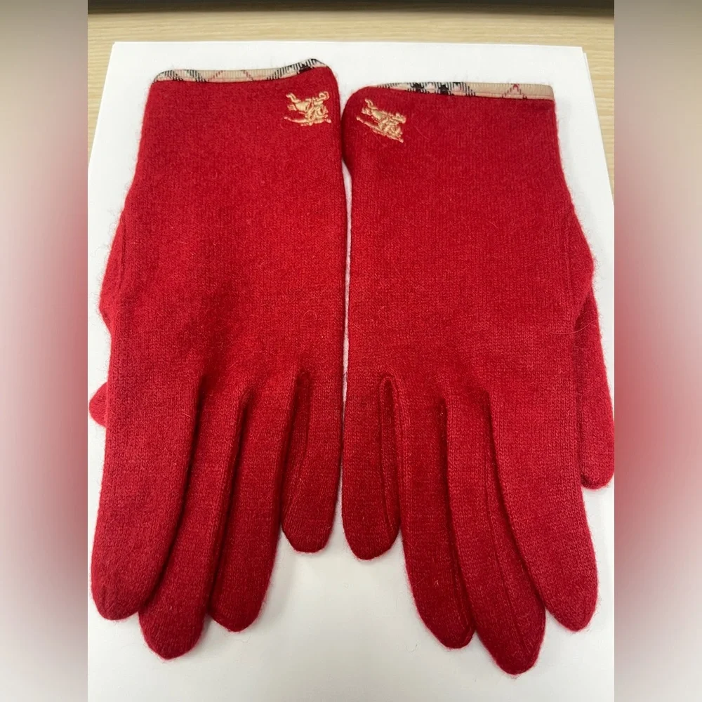 Burberry Wool Women’s Gloves Nova Check Logo Embroidery Red O/SFM - Picture 4 of 12